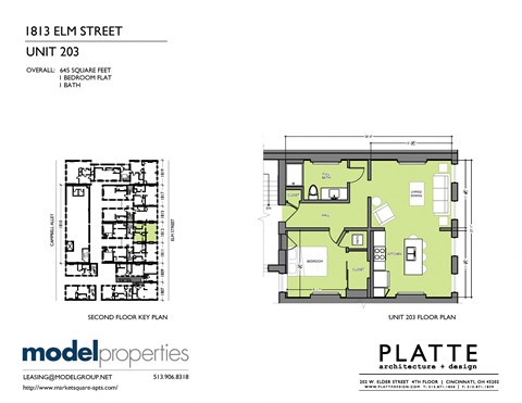 Floor plan for 1 bed, 1 bath, 645 sqft